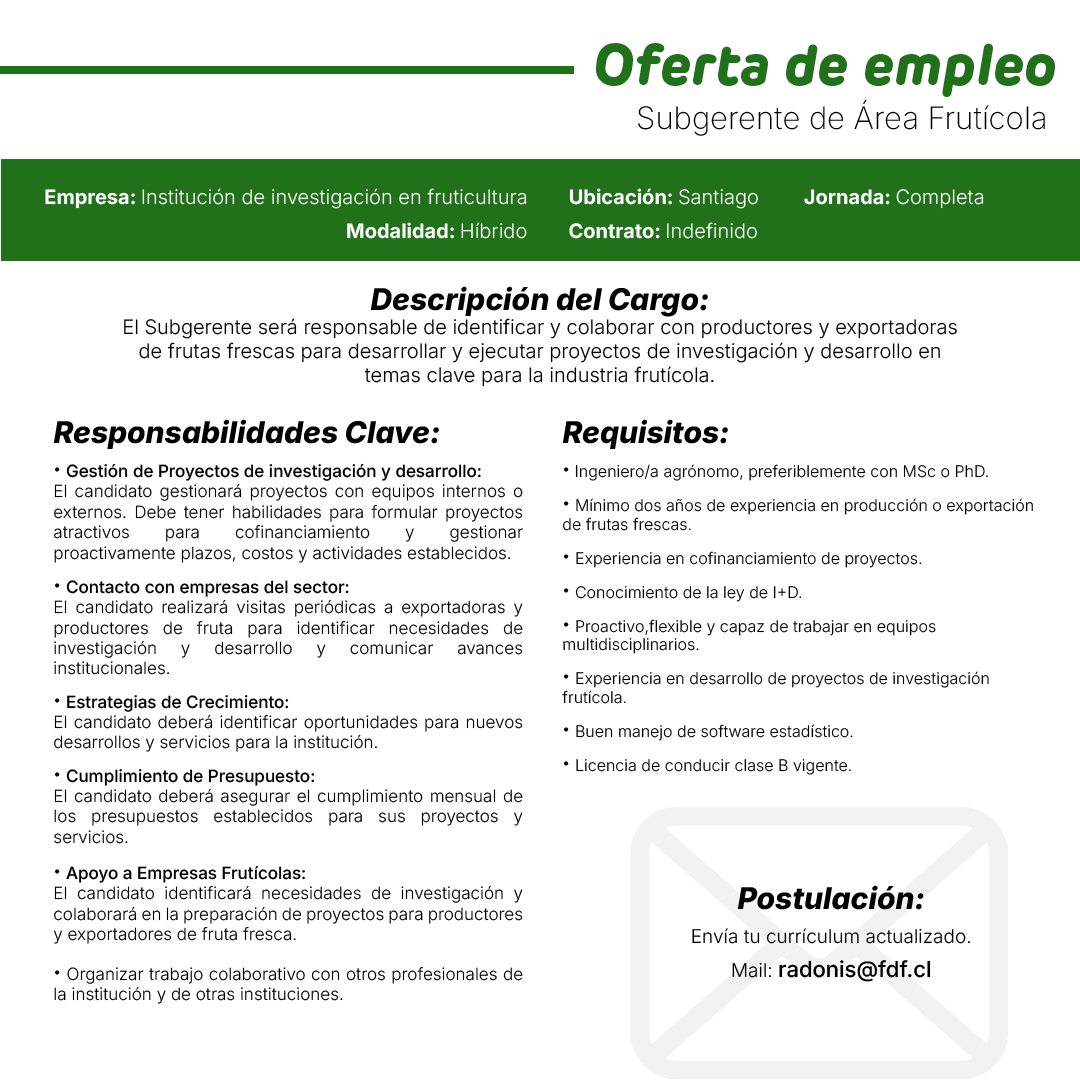 Oferta de empleo subgerente área frutícola FDF