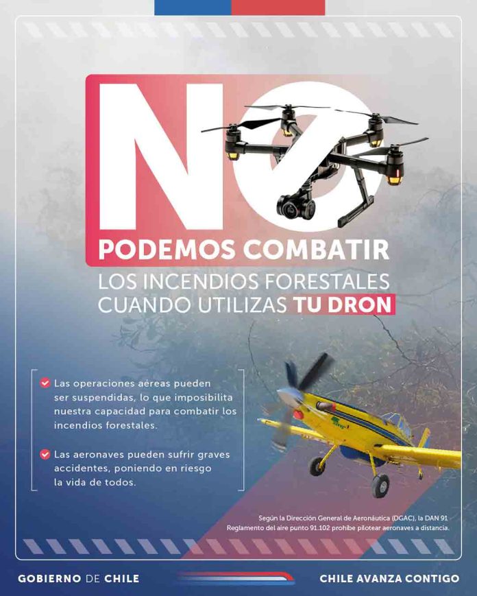 CONAF recuerda prohibición de usar drones durante el combate de incendios forestales